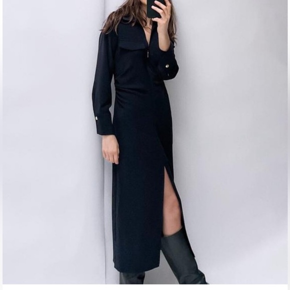 Zara Dresses & Skirts - Zara Black Long Sleeve Shirt Dress with Front Slit